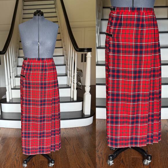 Vintage Plaid Tartan Kilt Maxi Skirt Pleated Fall Winter Wool Christmas Preppy - Picture 2 of 10